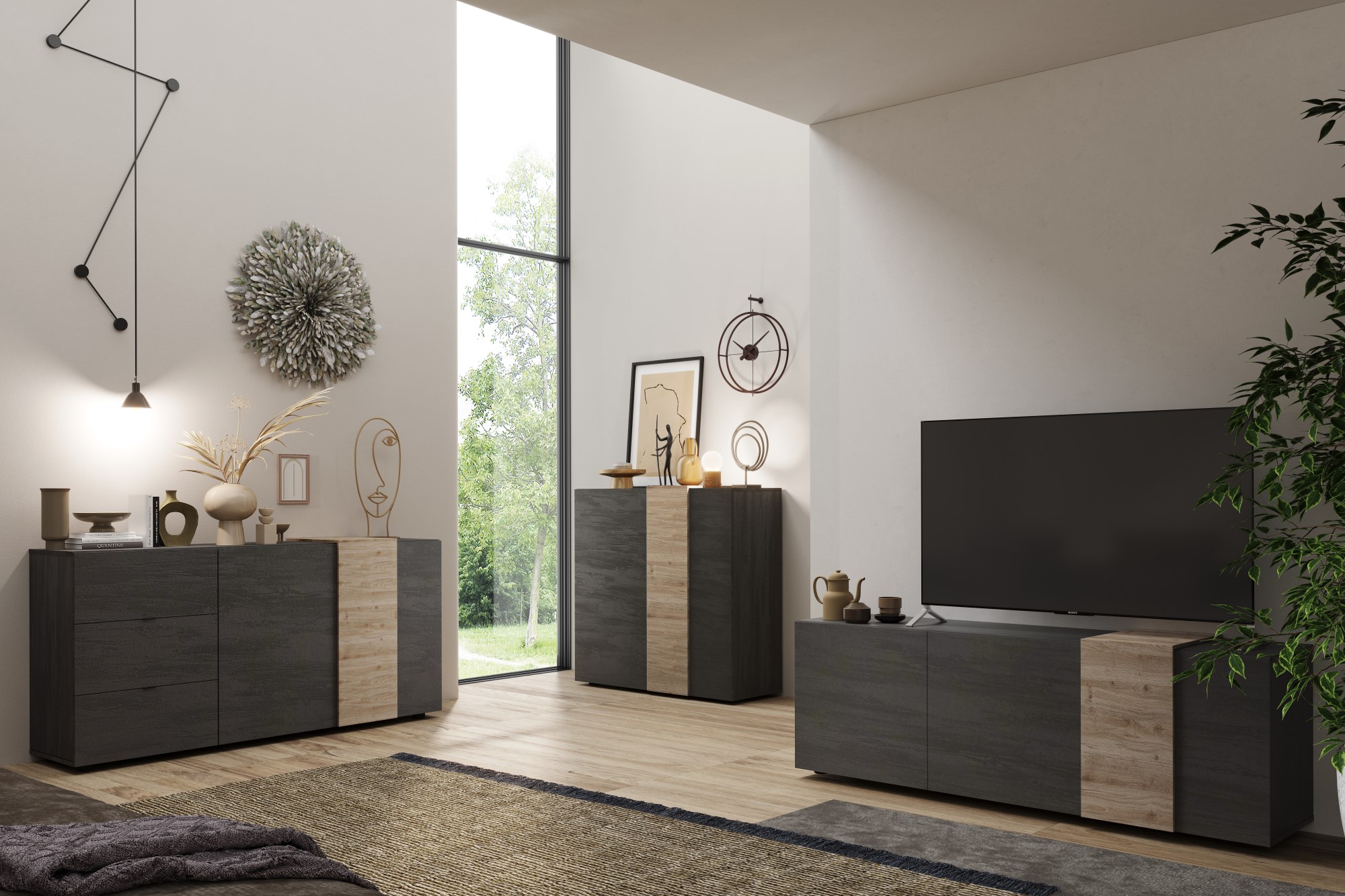 LC-Möbel Venus Sideboard mit 3 Schubladen Titanio Eiche