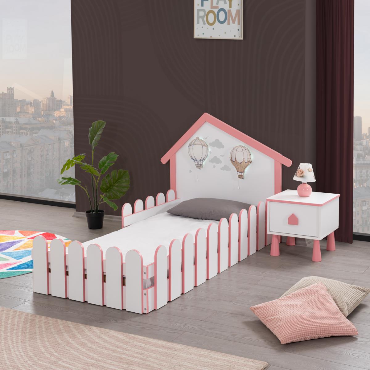 Odacix Montessori Bett Garden mit Leuchten 90x190 cm Weiß Pink