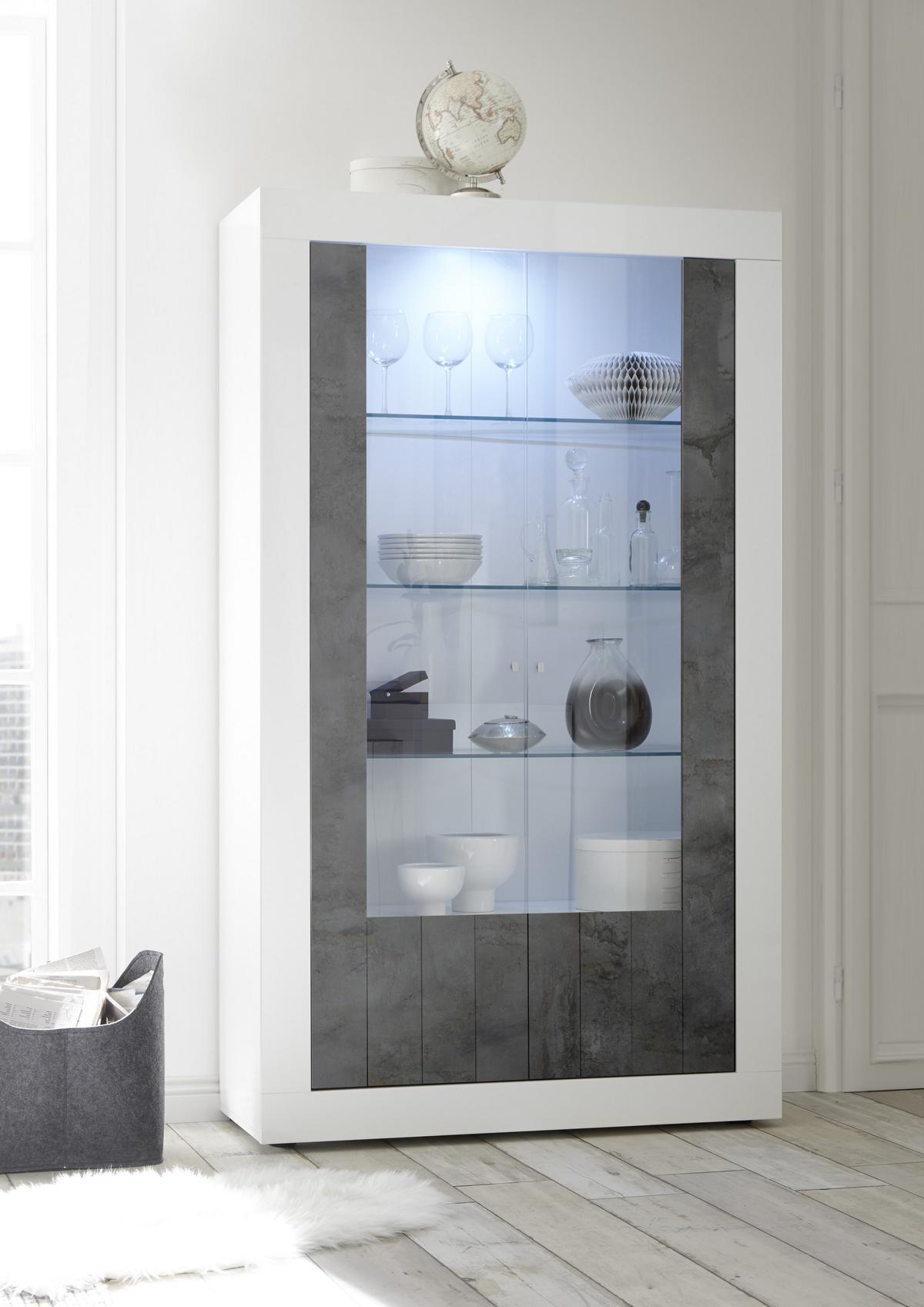 Vitrine Urbino in modernem Design Weiß Hochglanz/Ossido 2 Türen