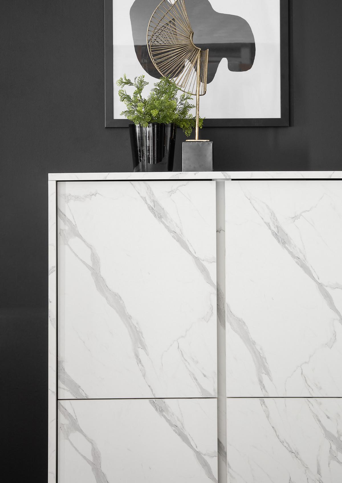 Highboard in modernem Design Carrara Marmor-Optik Weiß 4-trg 