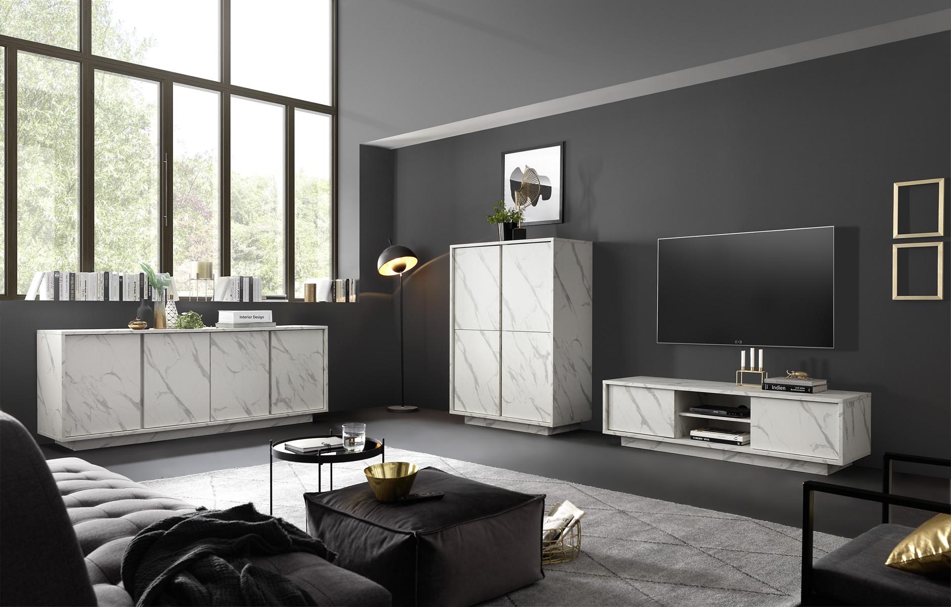 Sideboard in modernem Design Carrara Marmor-Optik Weiß 4-trg