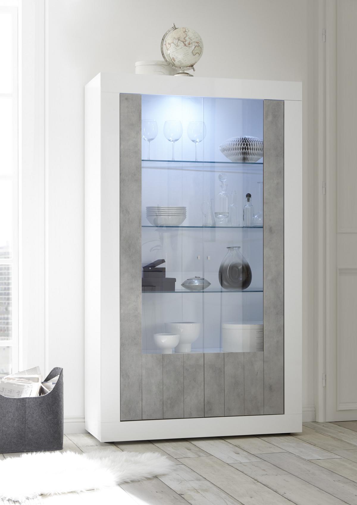 Vitrine Urbino in modernem Design Weiß Hochglanz/Beton 2 Türen