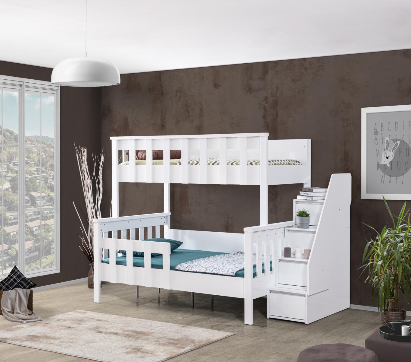 Odacix Kinderzimmer Hochbett Deluxe Weiß mit Schubladentreppe