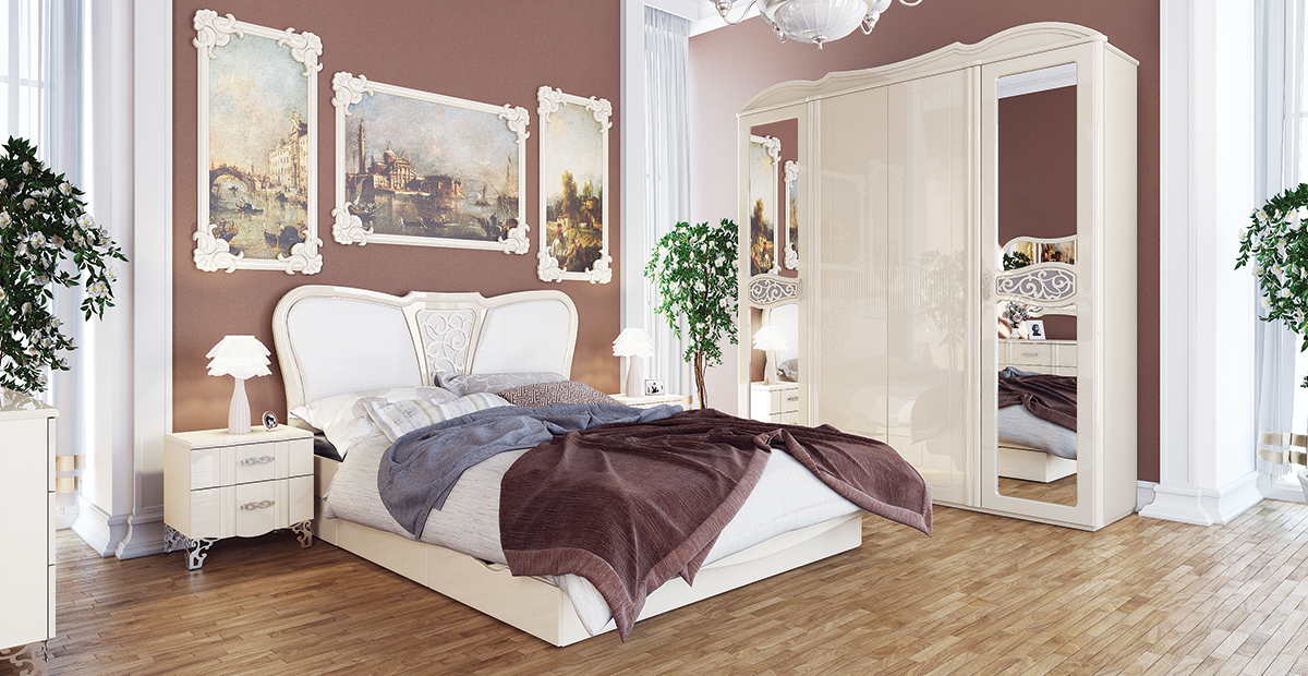 Schlafzimmer komplett in Creme Glanz Sofia 4-teilig
