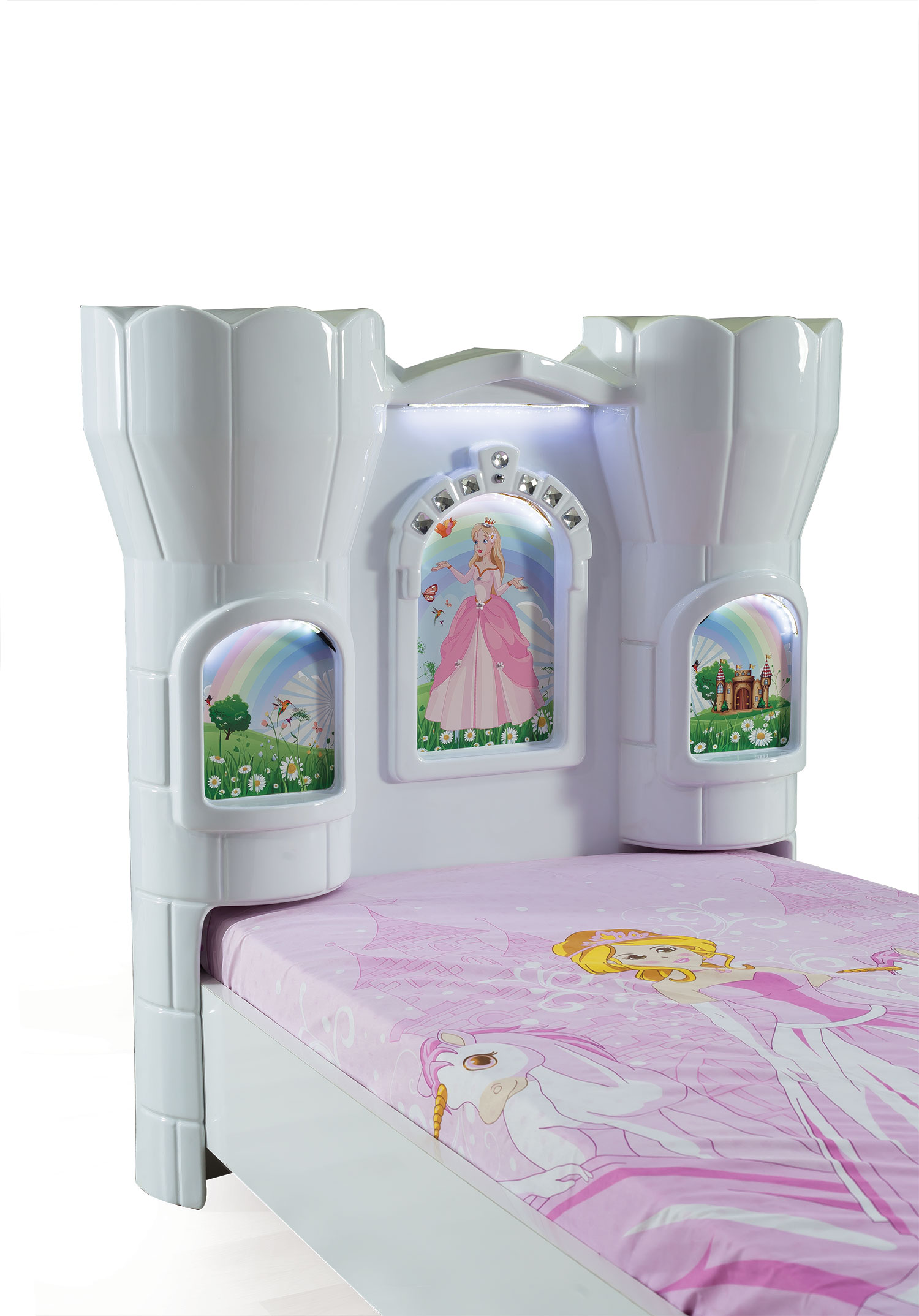 Burg Kinderbett Rozy in Weiß mit LED Beleuchtung 90x190 cm