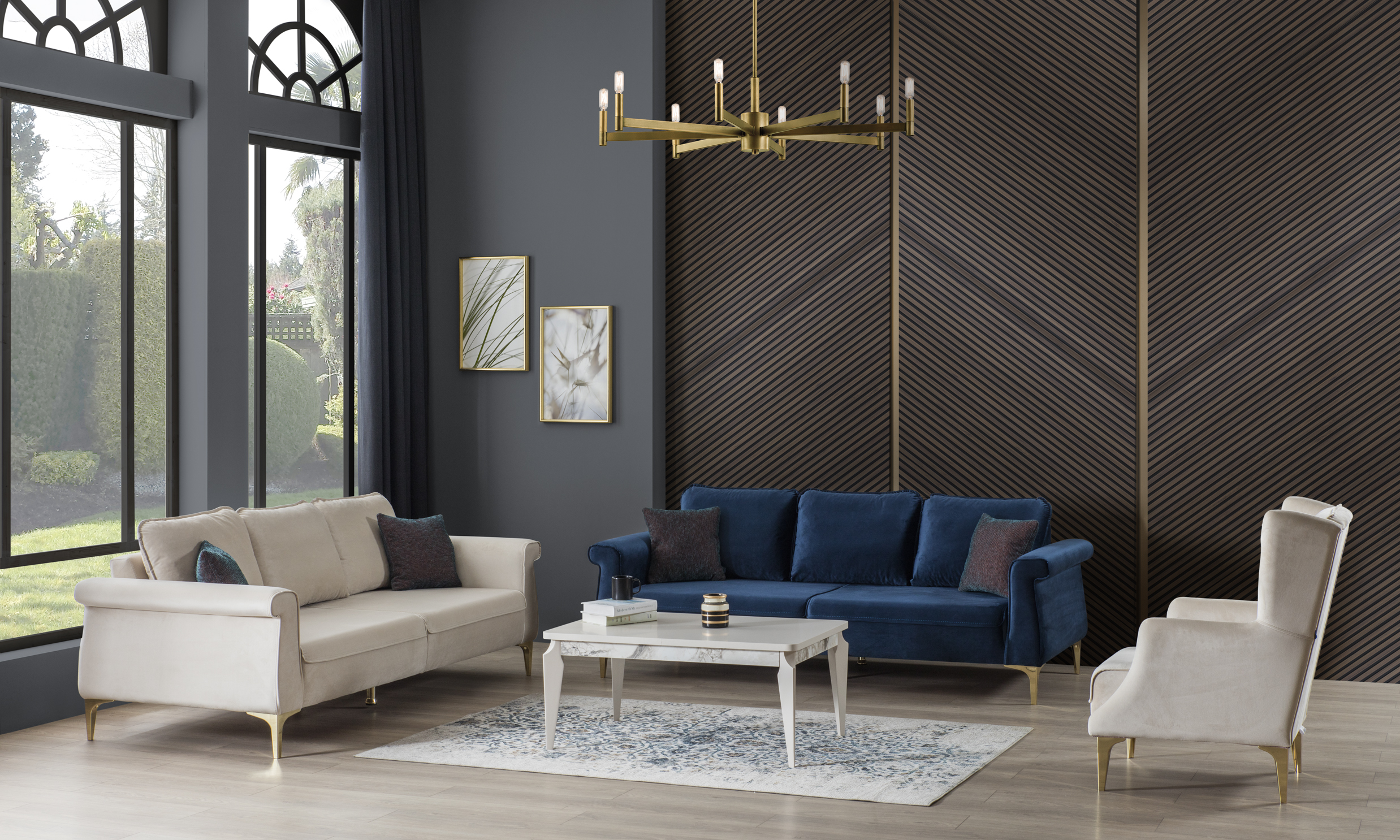 Weltew Design Sofa Set Camlica 3-teilig Blau Creme