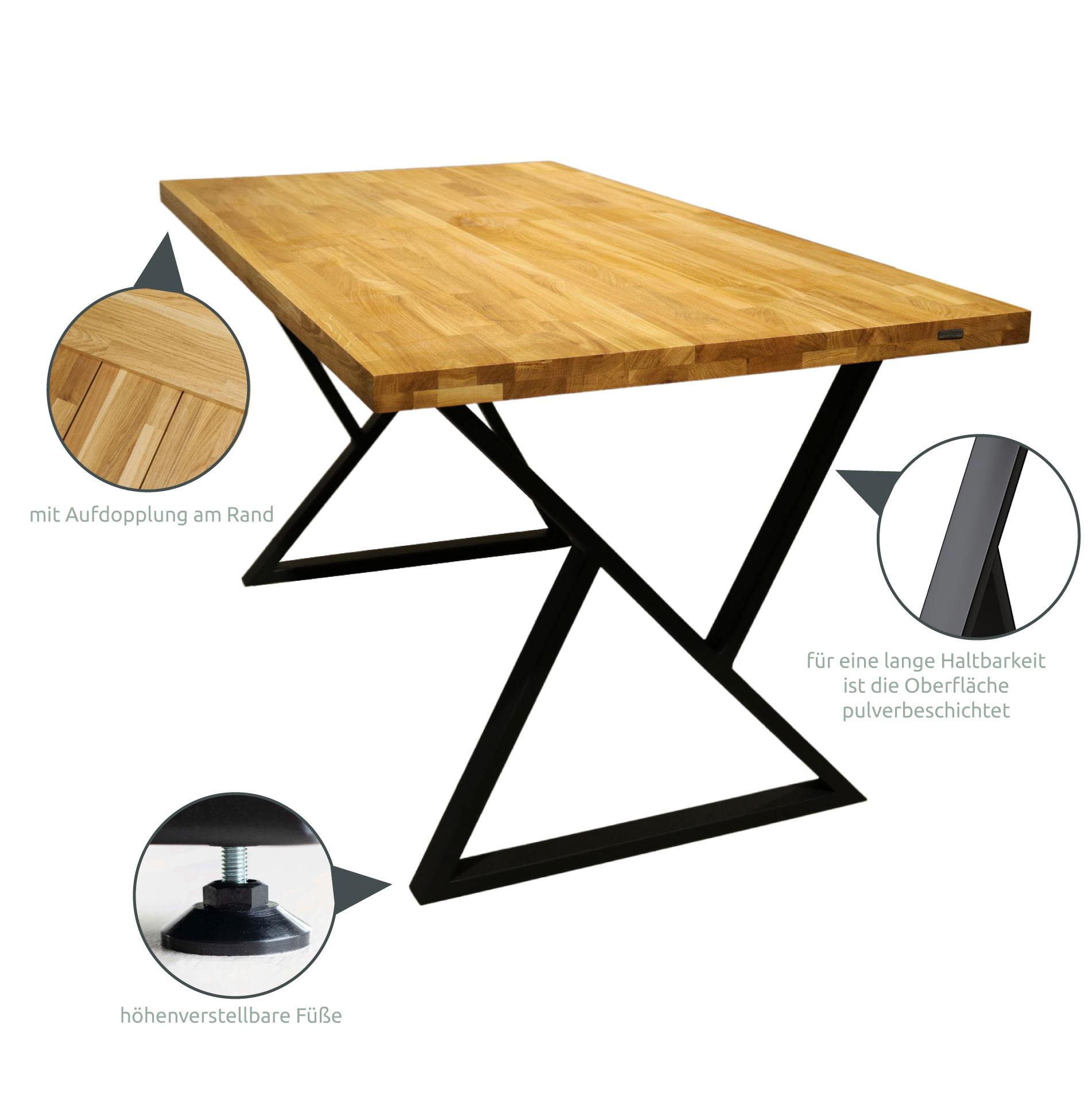 Holz4Home Tischplatte Eiche massiv aufgedoppelt mit Gestell 