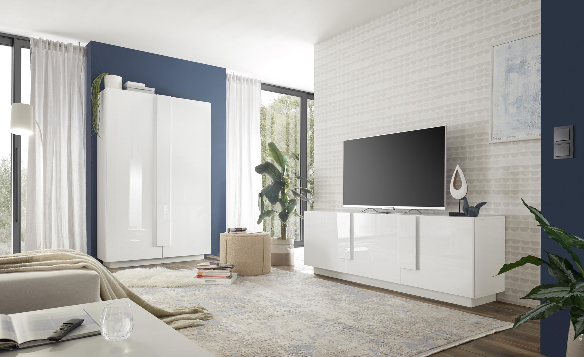 TV-Lowboard Jupiter Modernes Design Weiß Hochglanz 3 Türen
