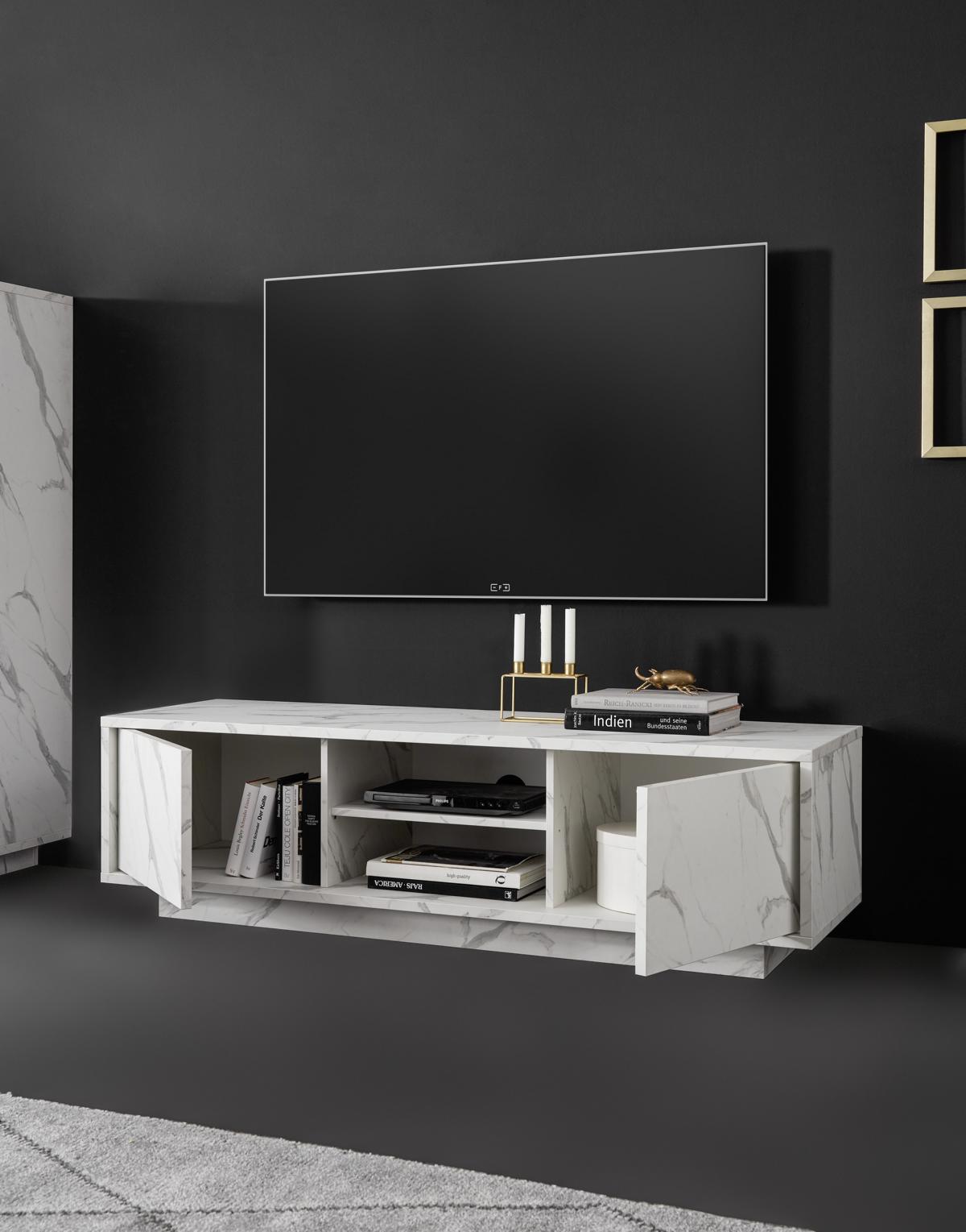 TV-Board in modernem Design Carrara Marmor-Optik Weiß 2-trg