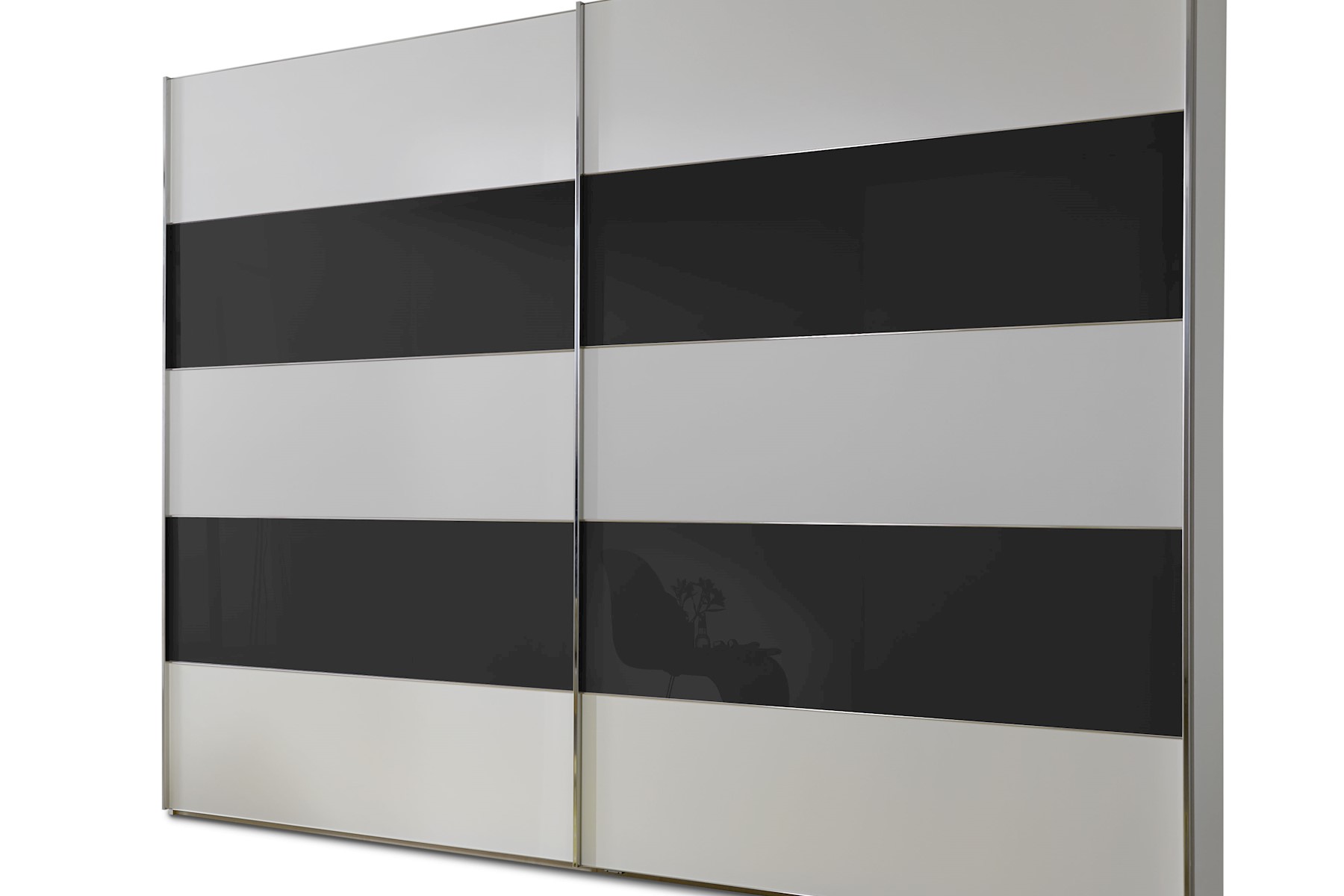 Schwebetürenschrank Genius in Weiß mit Schwarzem Glas 250 cm x 217 cm