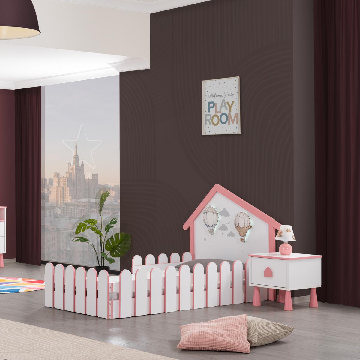 Odacix Montessori Bett Garden mit Leuchten 90x190 cm Weiß Pink