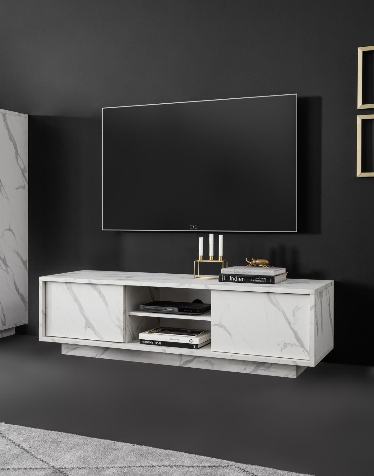 TV-Board in modernem Design Carrara Marmor-Optik Weiß 2-trg