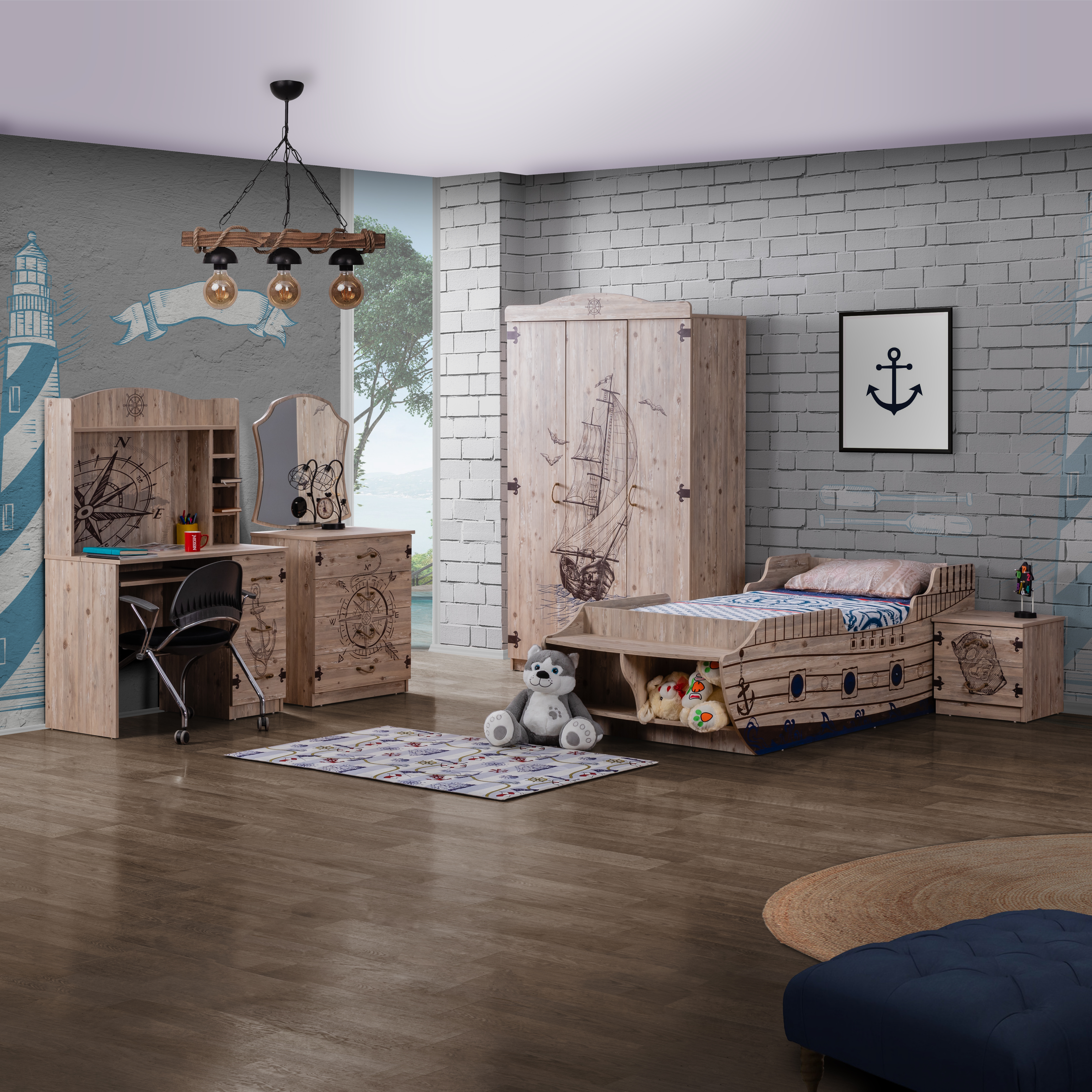 Odacix Kinderzimmer Gemici mit Boot Bett in Holzoptik