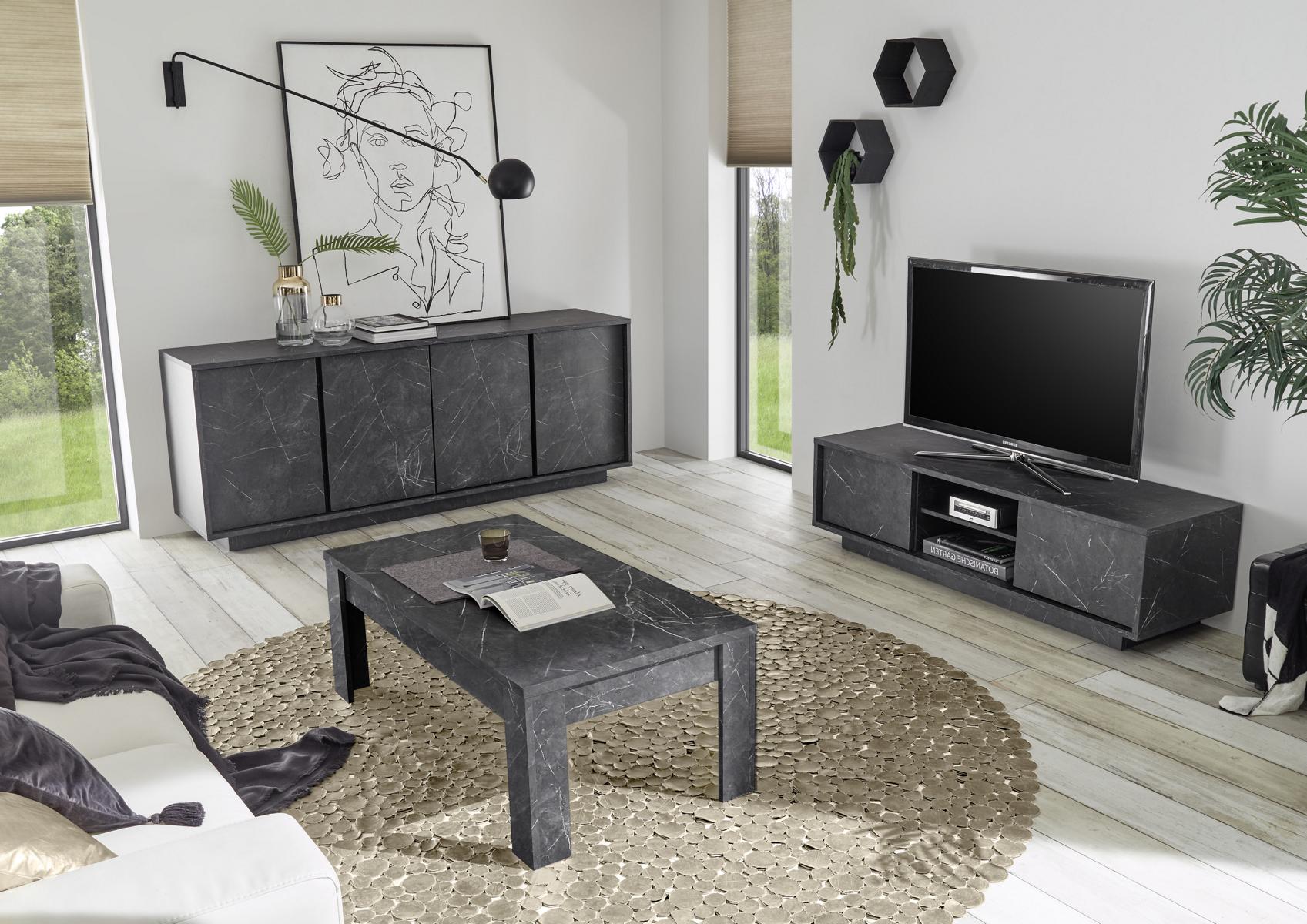 TV-Board in modernem Design Carrara Marmor-Optik Anthrazit 2-trg