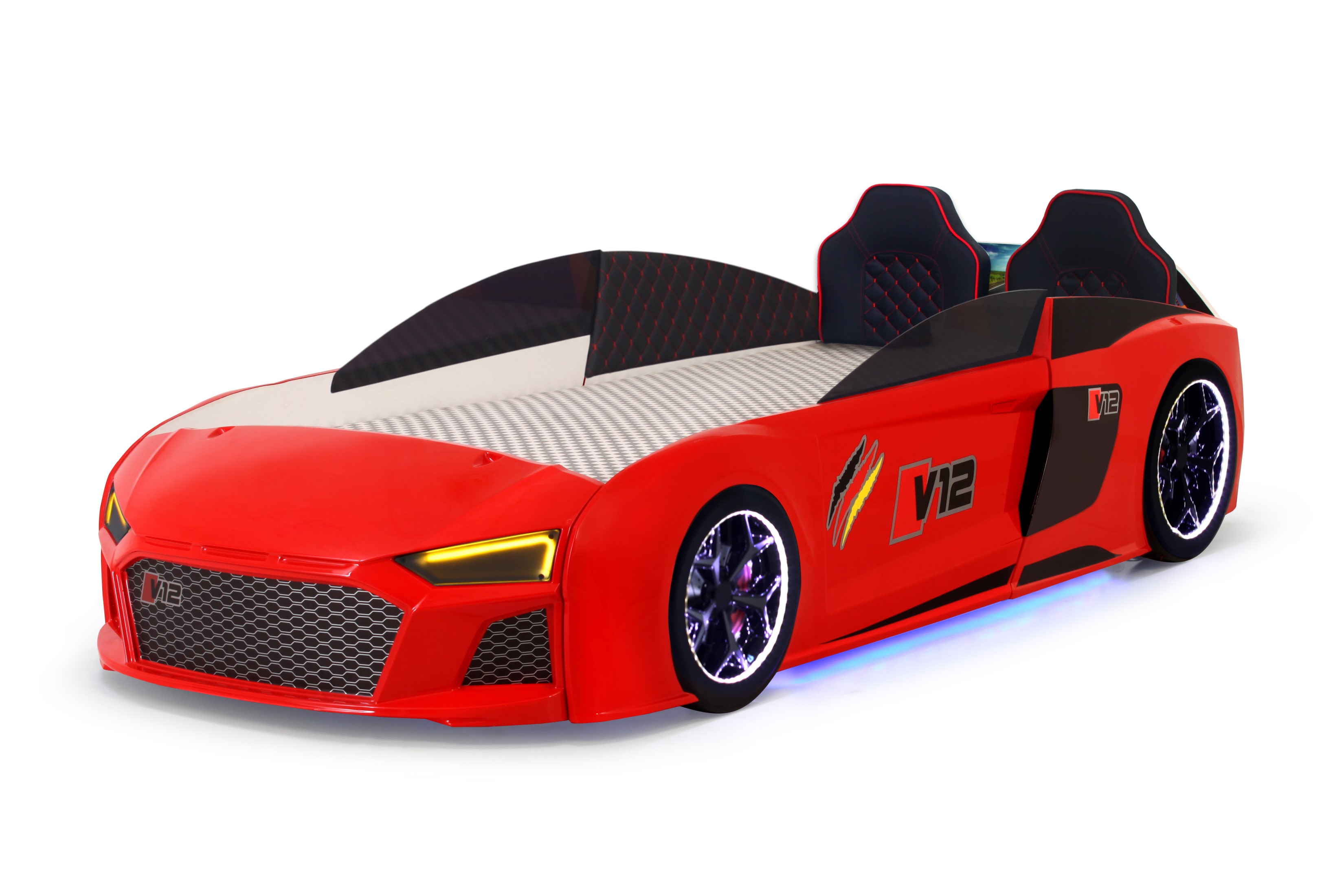 Kinder Autobett V12 Full mit Sound & LED Scheinwerfer Rot