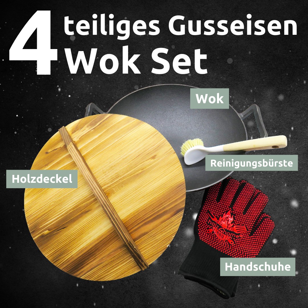 Wok-Set aus Gusseisen Ø 36 cm 4-teilig von holz4home®