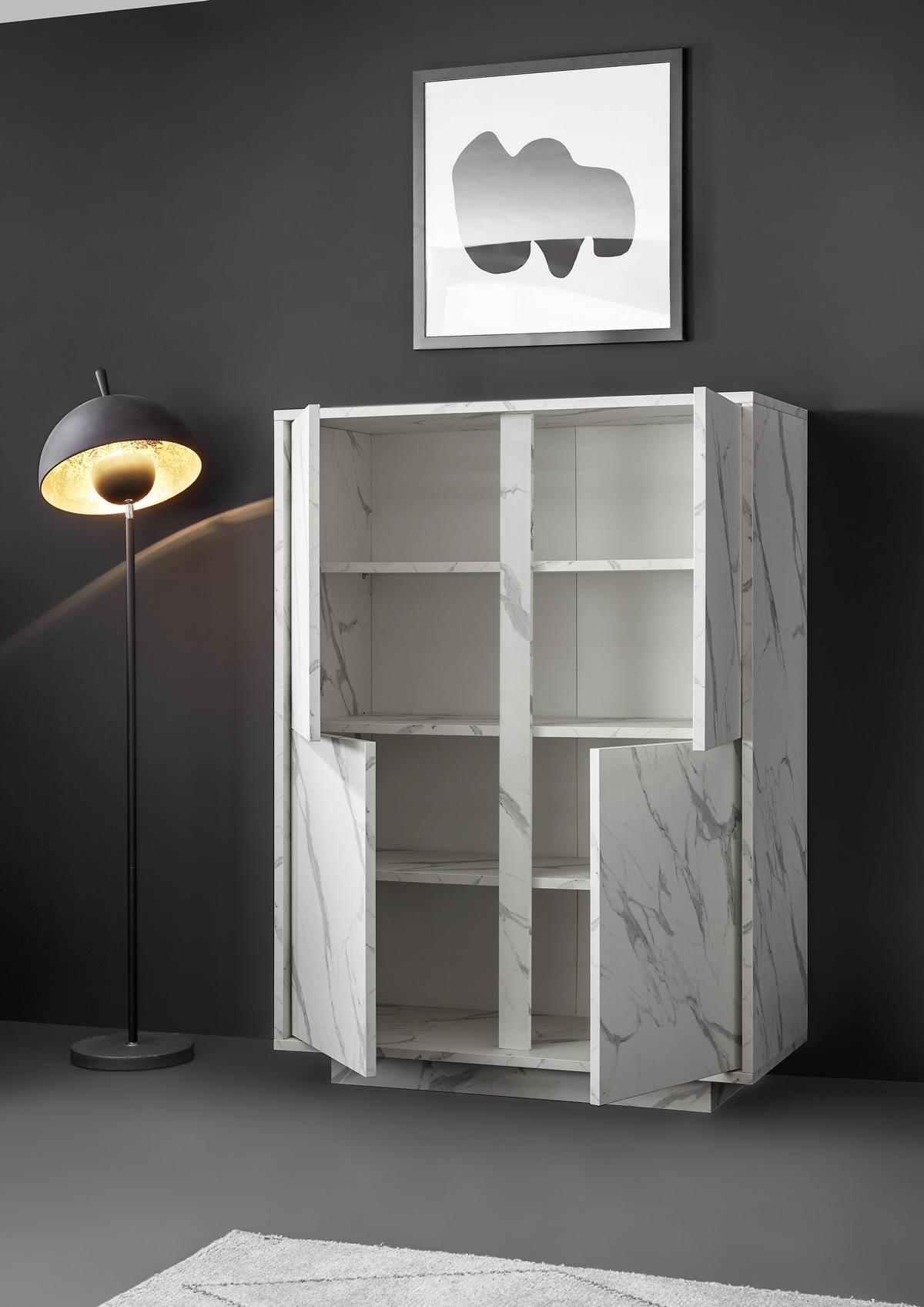 Highboard in modernem Design Carrara Marmor-Optik Weiß 4-trg 