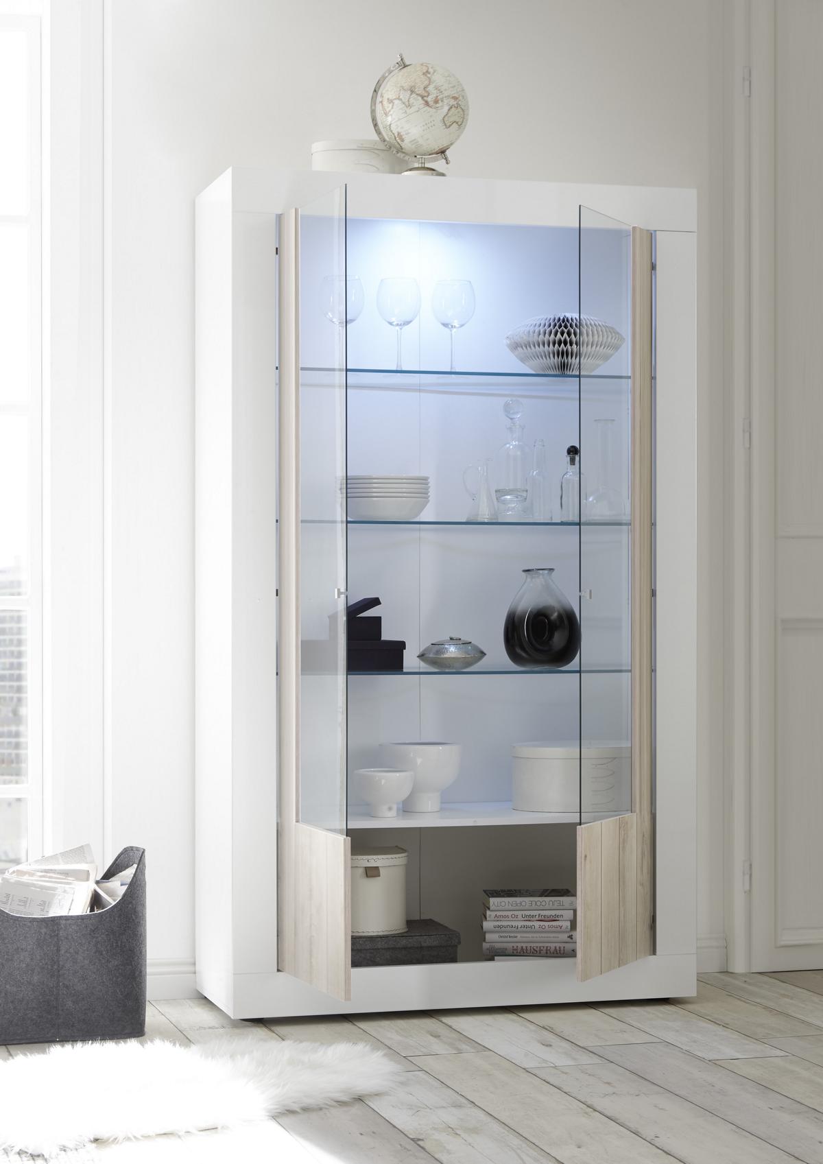 Vitrine Urbino Modernes Design Weiß Hochglanz/Pinie 2 Türen