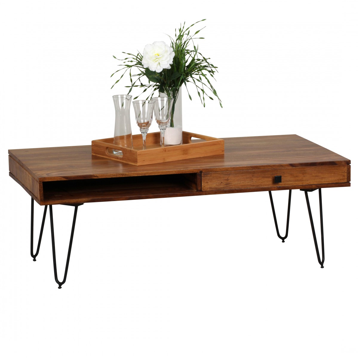 WOHNLING Couchtisch Massiv-Holz Sheesham 120cm breit Wohnzimmer-Tisch Design Metallbeine Landhaus-Stil Beistelltisch